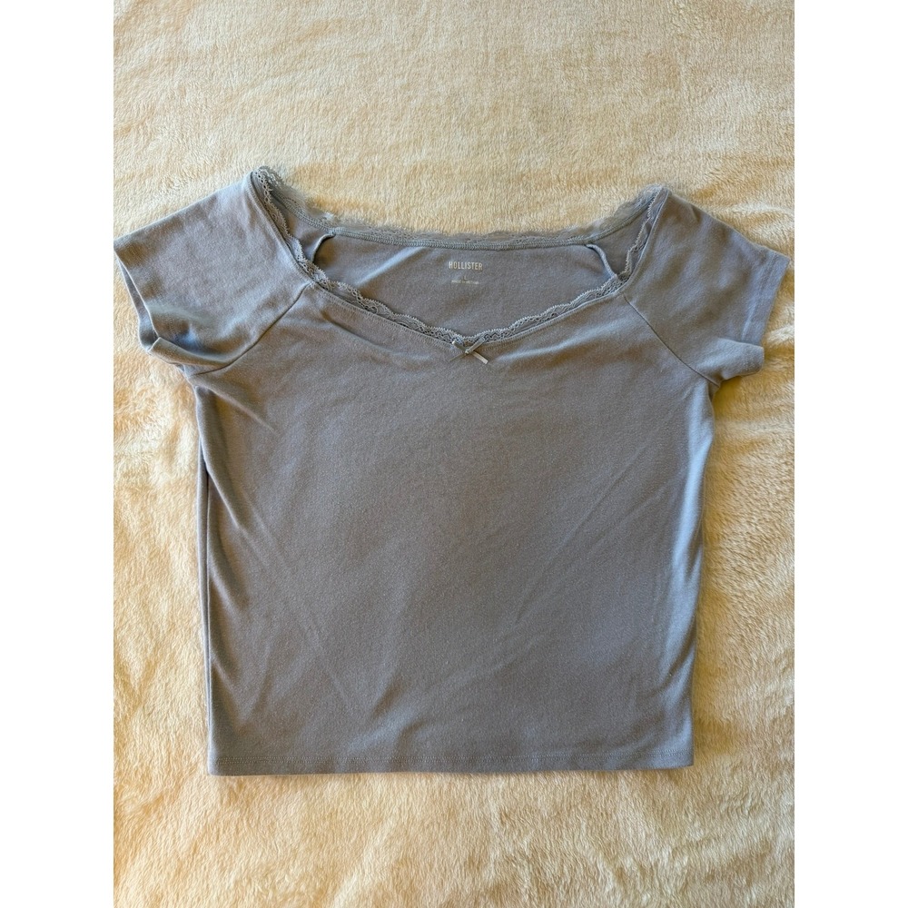 Hollister Women Blue Lace Trim Bow V-Neck Ribbed Short Sleeve Top Large